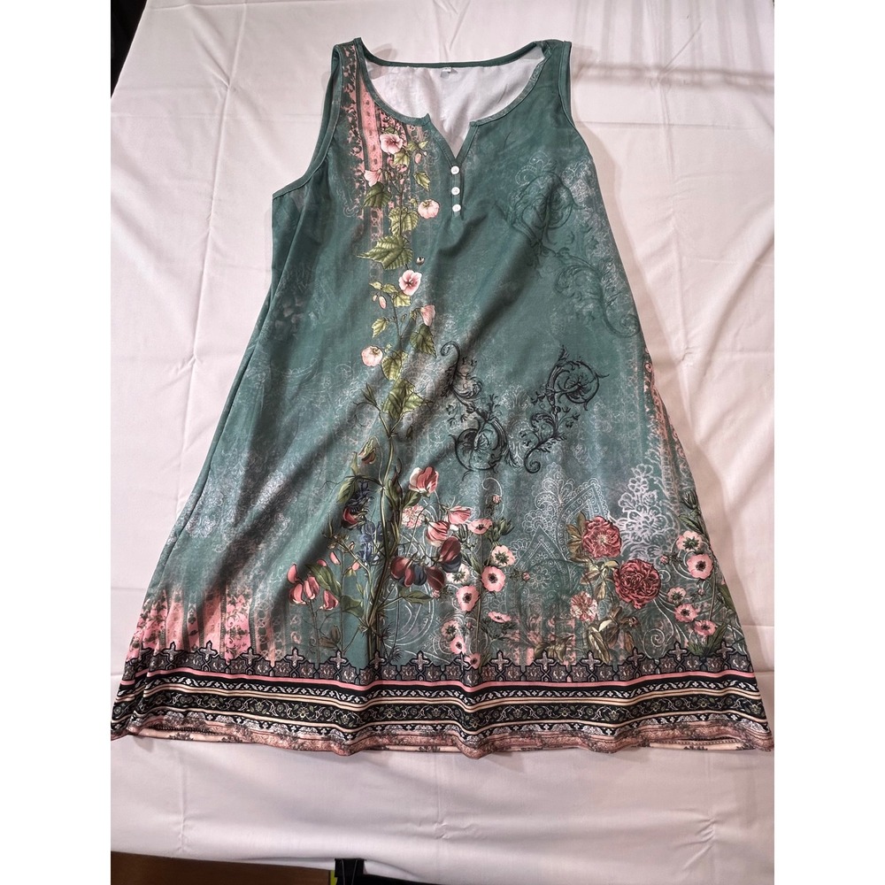 Womens Sage Green Floral A-Line Shift Dress Sleeveless Split Neck Mini M
